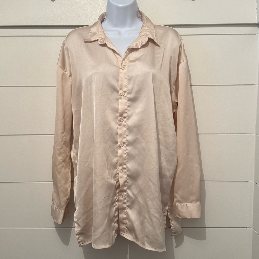 Missguided Cream Oversized Satin Blouse, Women’s 2